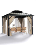 KYBOLT 10x10 Ft Hardtop Gazebos with Heavy Duty Double Roof, Nettings and Curtains Galvanized Steel Outdoor Gazebos for Patio, Backyard, Deck, Lawn (Brown)