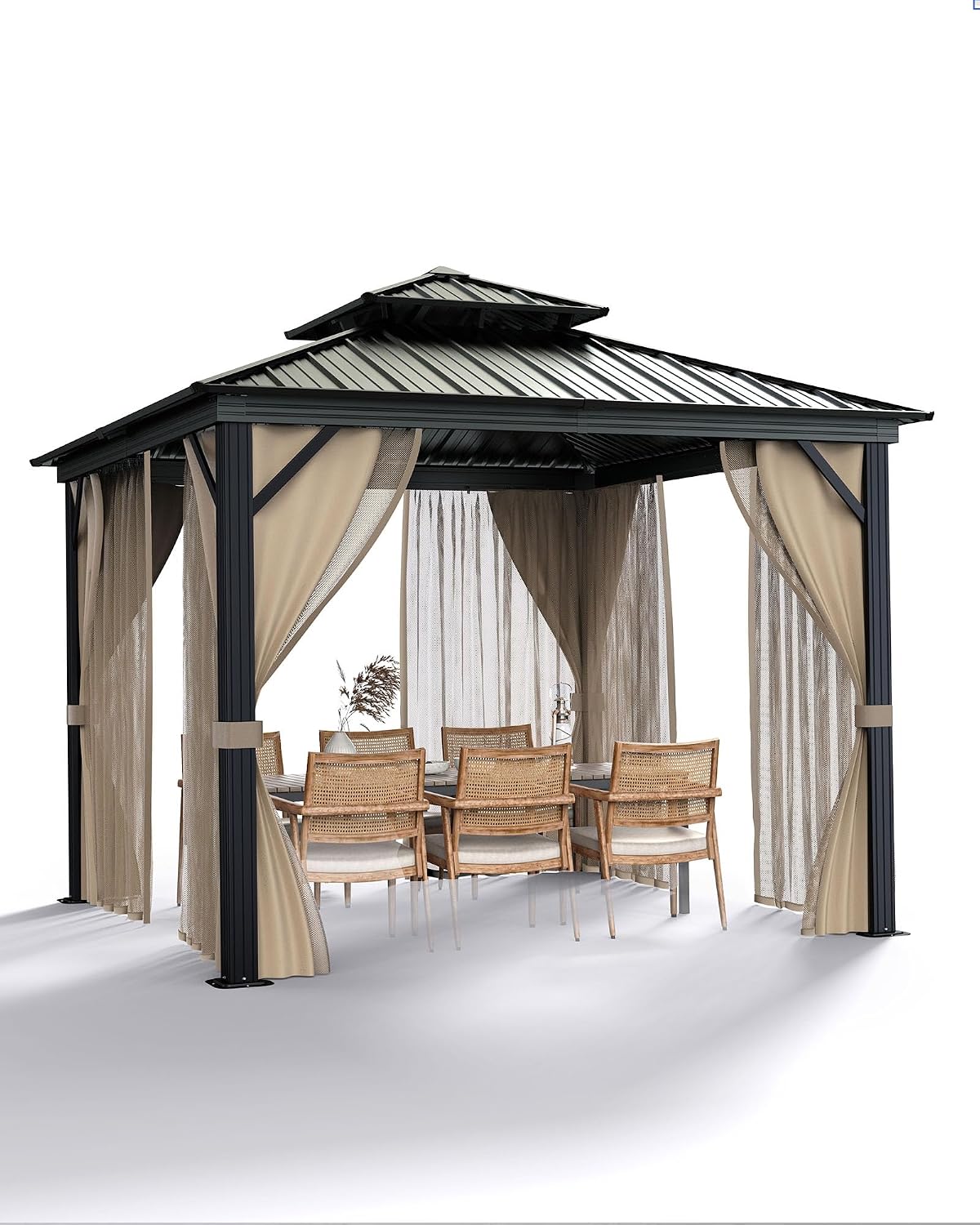 KYBOLT 10x10 Ft Hardtop Gazebos with Heavy Duty Double Roof, Nettings and Curtains Galvanized Steel Outdoor Gazebos for Patio, Backyard, Deck, Lawn (Brown)