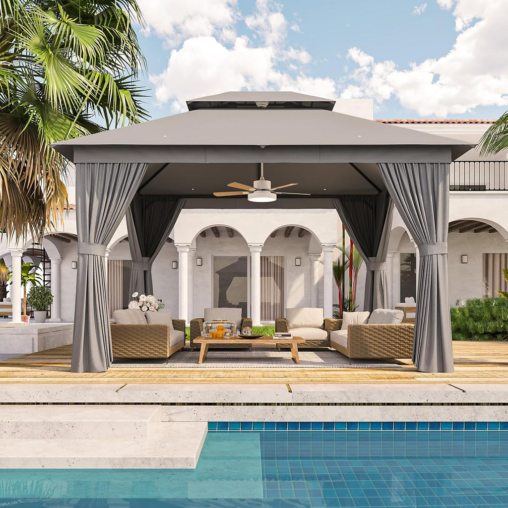 Outdoor Gazebo Metal Frame Patio Pergola Double Roofs Patio Canopy with Double-Layer Door and Mosquito Netting for Deck, Backyard, Lawn (Grey, 10x12FT)
