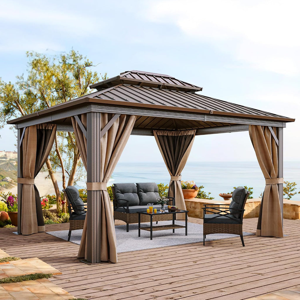 YITAHOME 10x12ft Gazebo Hardtop with Nettings and Curtains, Heavy Duty Double Roof Galvanized Steel Outdoor 2-Tier Aluminum Frame Garden Tent for Patio, Backyard, Deck and Lawns, Bronze