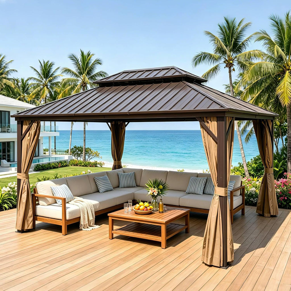 12x16 ft Hardtop Gazebo Outdoor Aluminum Patio Gazebo Double Roof Galvanized Steel Canopy with Netting and Curtains for Garden, Backyard, Deck and Lawns.