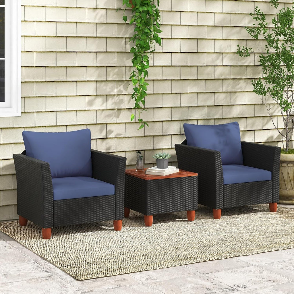 LDAILY Patio 3 Pieces Patio Furniture Set, PE Rattan Outdoor Wicker Sofa Chair with Washable Cushion & Wood Storage Table, Patio Conversation Set for Porch, Yard, Garden (Navy)