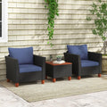 LDAILY Patio 3 Pieces Patio Furniture Set, PE Rattan Outdoor Wicker Sofa Chair with Washable Cushion & Wood Storage Table, Patio Conversation Set for Porch, Yard, Garden (Navy)