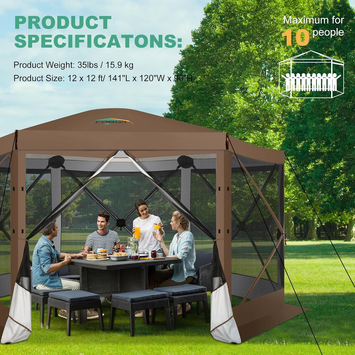 COBIZI 12x12 FT Pop Up Canopy Extendable Tent, Gazebos On Clearance with Removable Roof,Screened in Gazebo,Screen Tents Portable carpas para Patio for Outdoor Camping,Backyard, Garden,Brown(Upgraded)