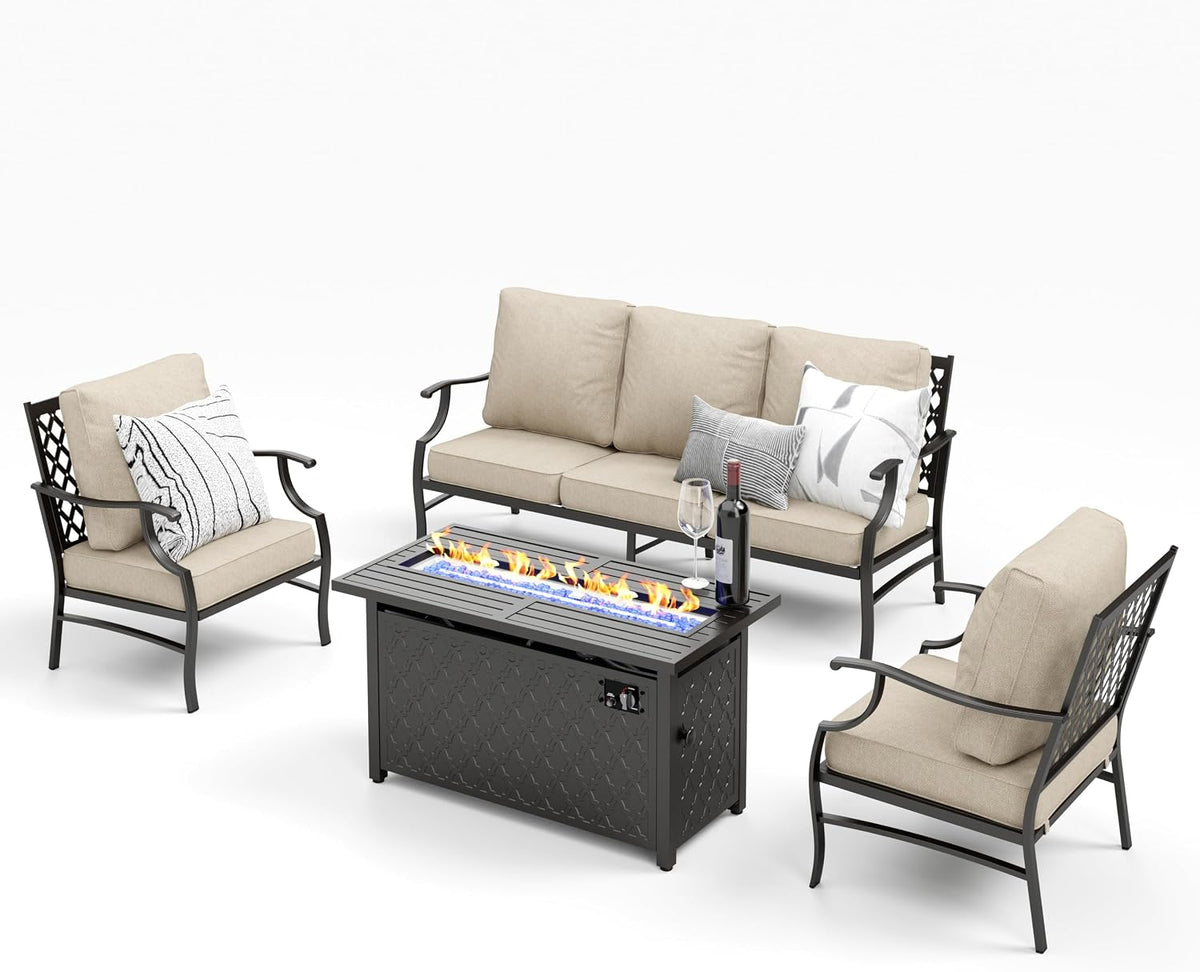 MIXPATIO Patio Furniture Set with Firepit Table, 4 Pcs Metal Outdoor Conversation Set, 2 Single Chairs and 3 Seater Sofa with 5.75' Extra Thick Cushion and Gas Fire Pit Table for Backyard Deck, Beige