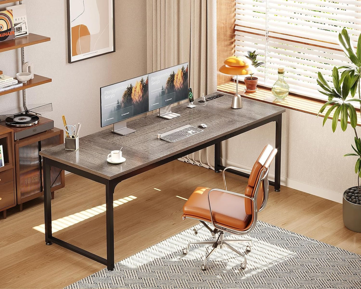 Coleshome 71 x 24 Inch Computer Desk with USB Ports, Large Office Desk, Long Study Student Writing Desk, Grey Oak