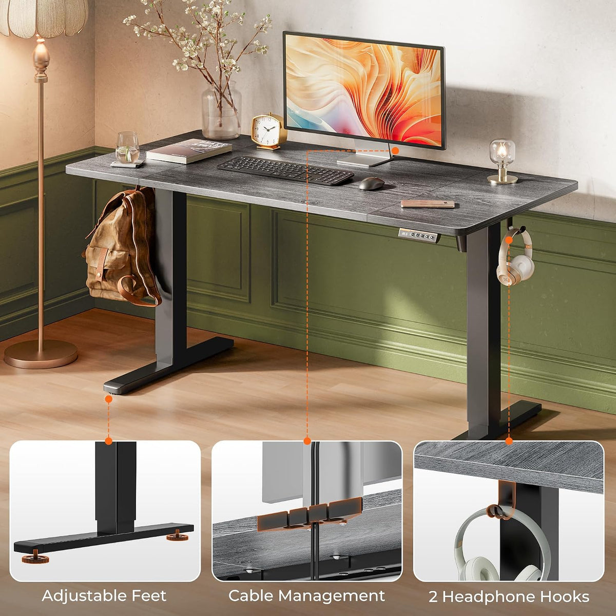 Huuger 55 x 28 Large Electric Standing Desk, Height Adjustable Desk, 27.6' Deep Desktop, Stand up Gaming Computer Office Desk with 2 Hooks, 3 Preset Heights, for Home Office, Grey