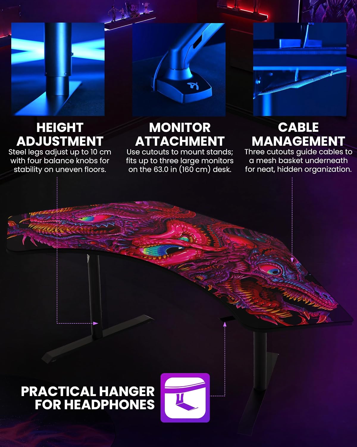 Arozzi Arena Angelo L Shaped GamingDesk, PC Gaming Desk L Shape, Height Adjustable L Shaped StandingDesk for Home Office, ComputerDesk with Full Coverage Mouse Pad (Crawling Chaos)