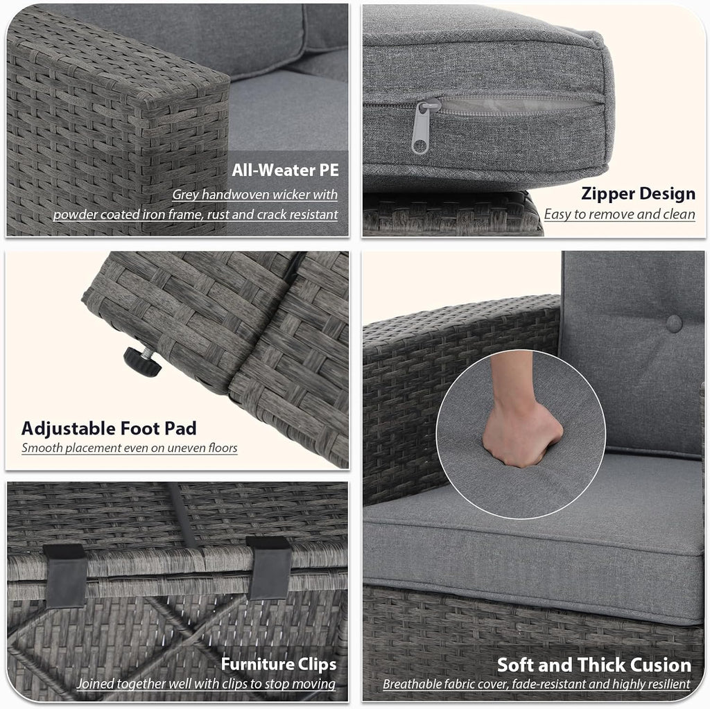 JOIVI 8 Pieces Patio Furniture Set with 45' Fire Pit Table, Outdoor Conversation Set with 50000 BTU Gas Fire Pit, Rattan Sectional Sofa Set with Storage Box for Garden, Backyard, Grey