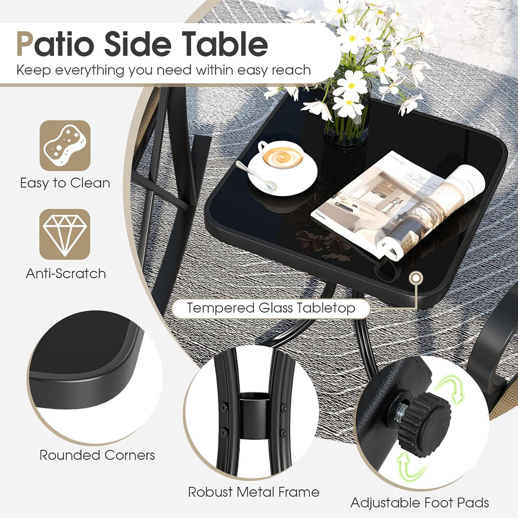 HAPPYGRILL 3-Piece Patio Rocking Bistro Set Rocker Chairs Set with Side Table, Outdoor Conversation Furniture Set with Metal Frame for Porch, Garden, Backyard, Balcony (Brown)