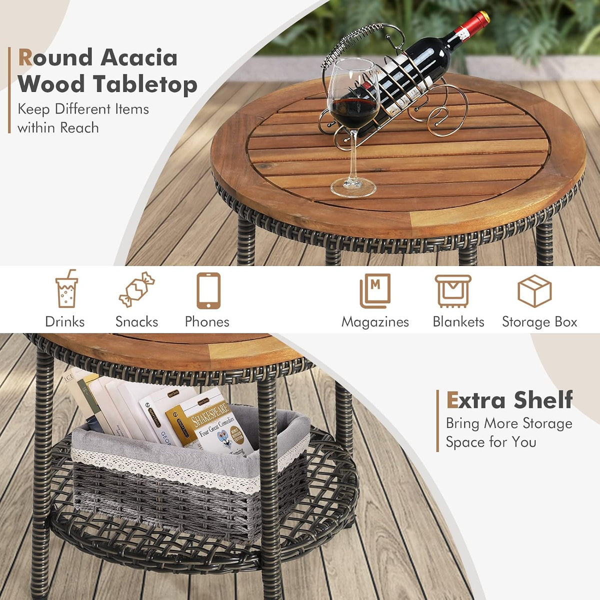 HAPPYGRILL 3 Pieces PE Wicker Bistro Set with Cushions, Patio Furniture Sofa Set with Side Table, Outdoor Conversation Set for Garden Poolside and Backyard