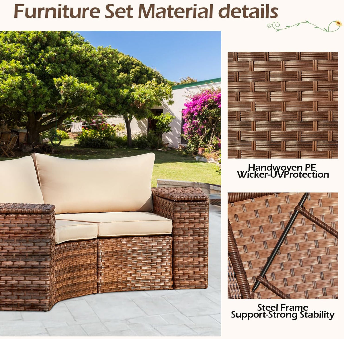 ECOTOUGE Patio Furniture Set, 4 Piece Half-Moon Sectional Round Patio Furniture Set, Wicker Cushion Sofa with 2 Storage Side Table for Pool Backyard Patio Garden(Beige/Brown)