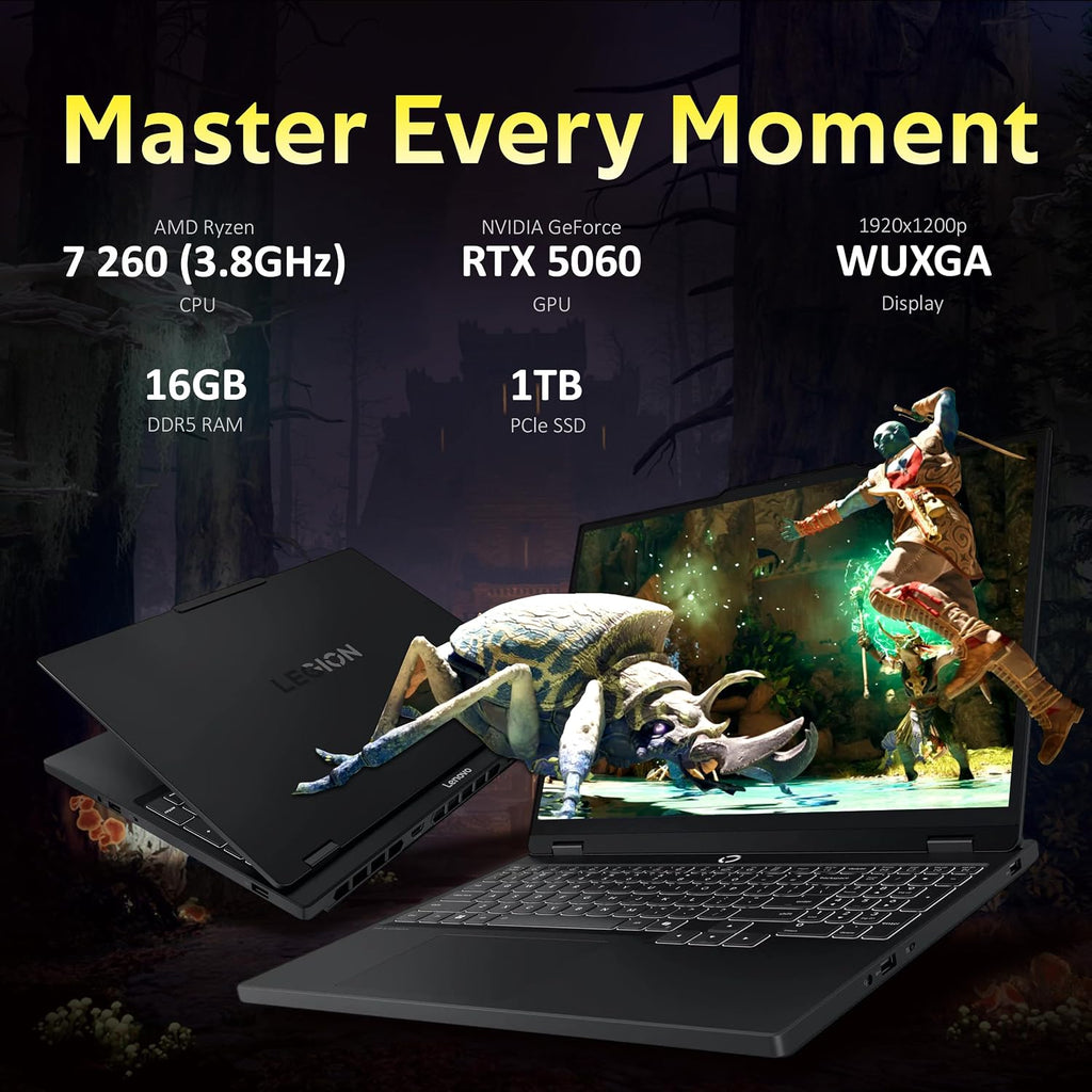 Lenovo Legion 5 15.3' WUXGA 165Hz Gaming Laptop, AMD Ryzen 7 260, GeForce RTX 5060, 16GB DDR5, 2TB Storage (1TB SSD+1TB Docking Station Set), Backlit Keyboard, HD Camera, Wi-Fi 6, Win 11 Pro, Black