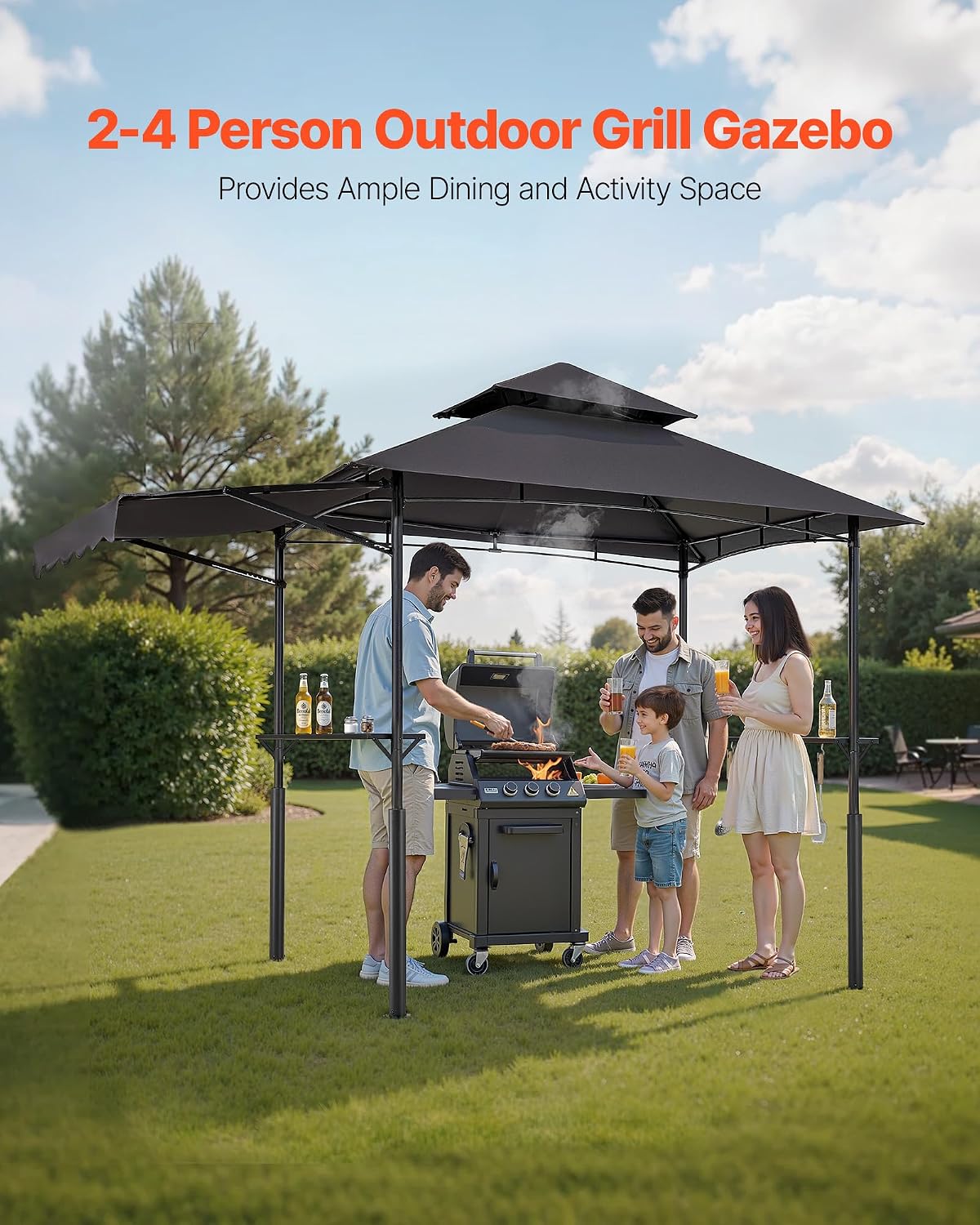 VEVOR Grill Gazebo, 8 x 5 ft Double-Tiered Top, Reinforced BBQ Gazebo with Extra Awning, Powder-Coated Steel Patio Grill Shelter with 2 Side Shelves & Hooks, Outdoor Grilling Canopy for Garden