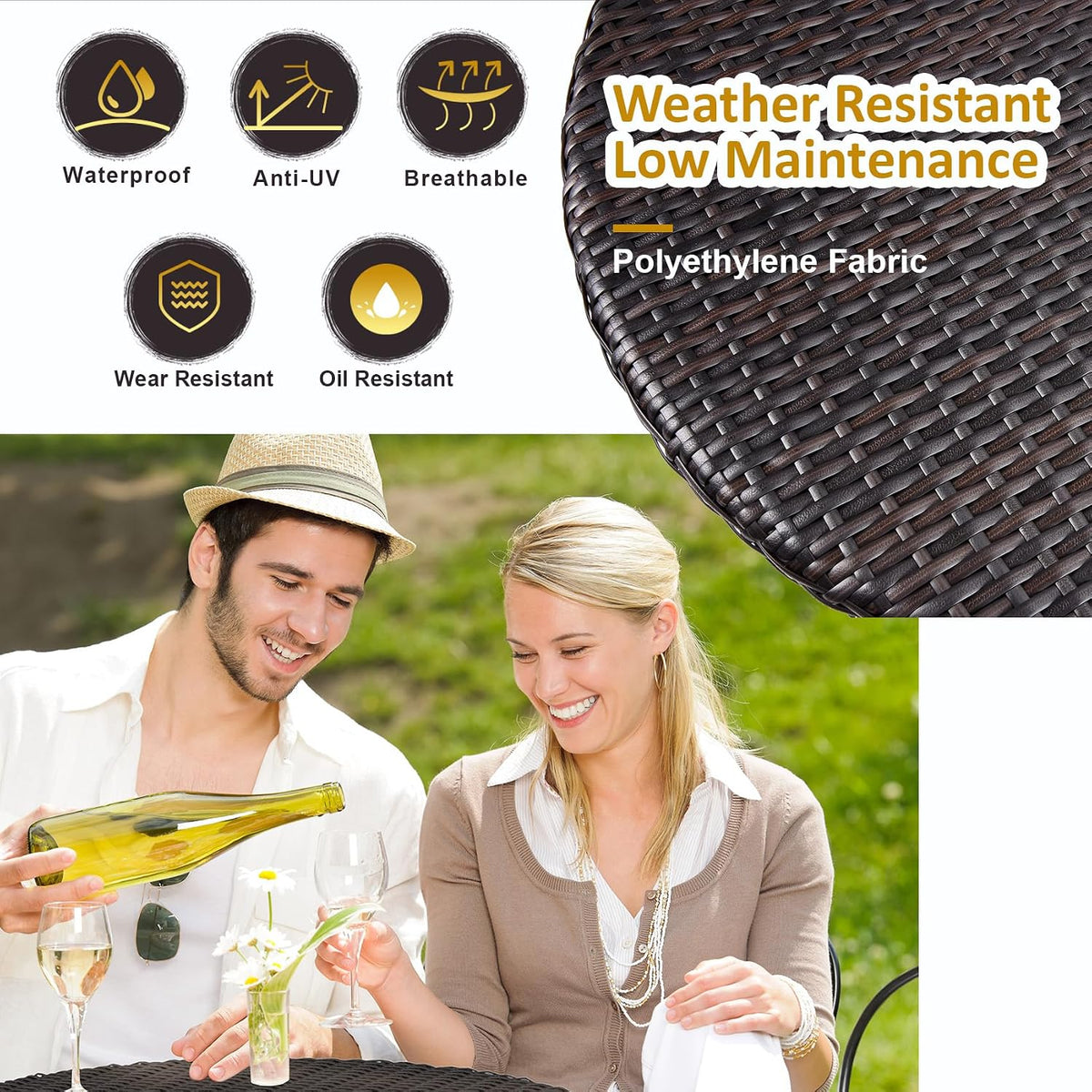 3 Pieces Folding Bistro Set PE Wicker Rattan Outdoor Patio Furniture Sets with Foldable Round Table and Chairs Perfect for Cafe Bar Garden Backyard Balcony Porch