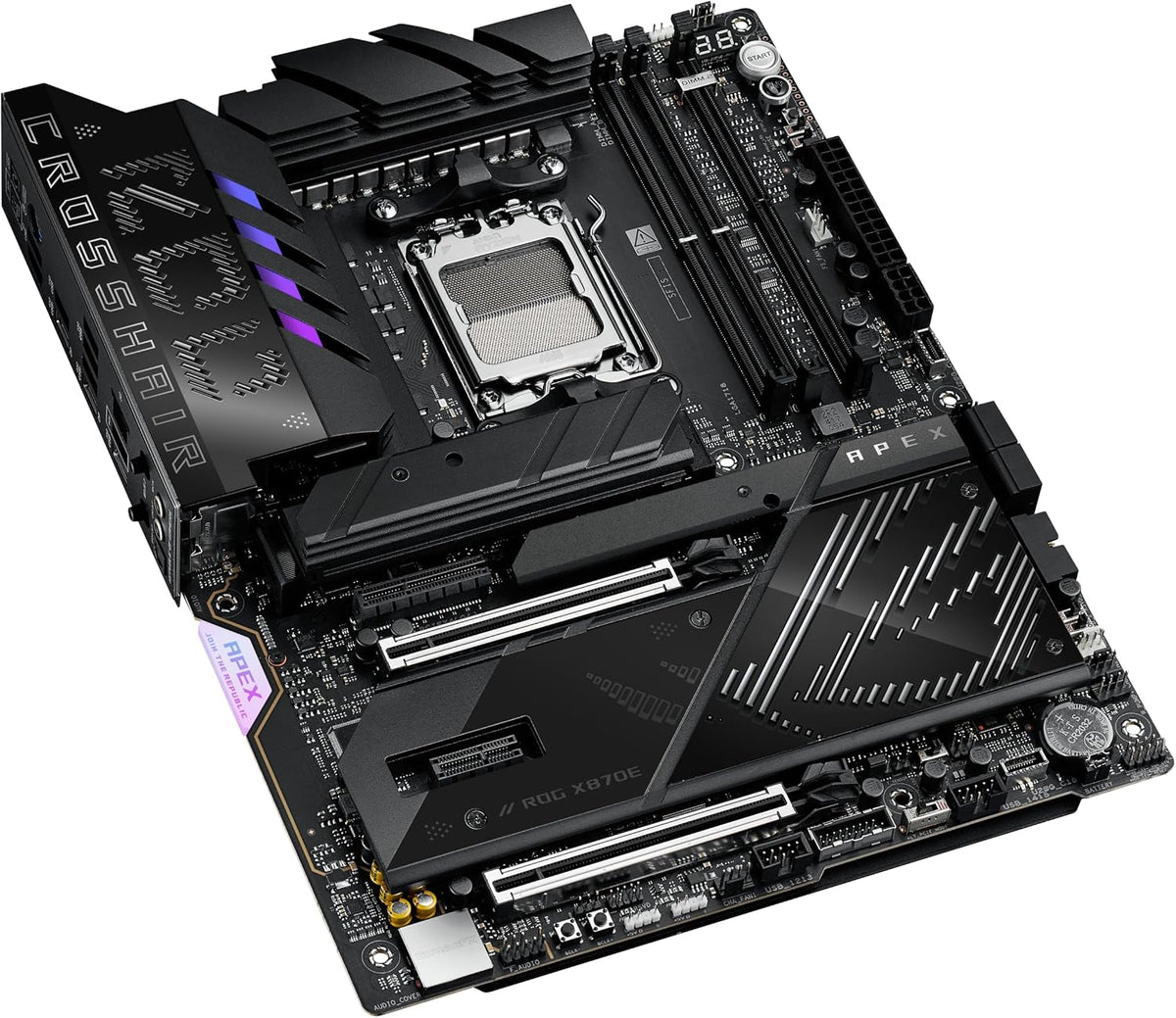 ASUS ROG Crosshair X870E APEX AMD X870E AM5 ATX Motherboard, Advanced AI PC-Ready, 18+2+2 Stages, DDR5, ROG Memory Fan, ROG DIMM.2 Card, Wi-Fi 7, 5G LAN, 3X M.2, PCIe® 5.0, USB4®, USB Type-C®, AI OC