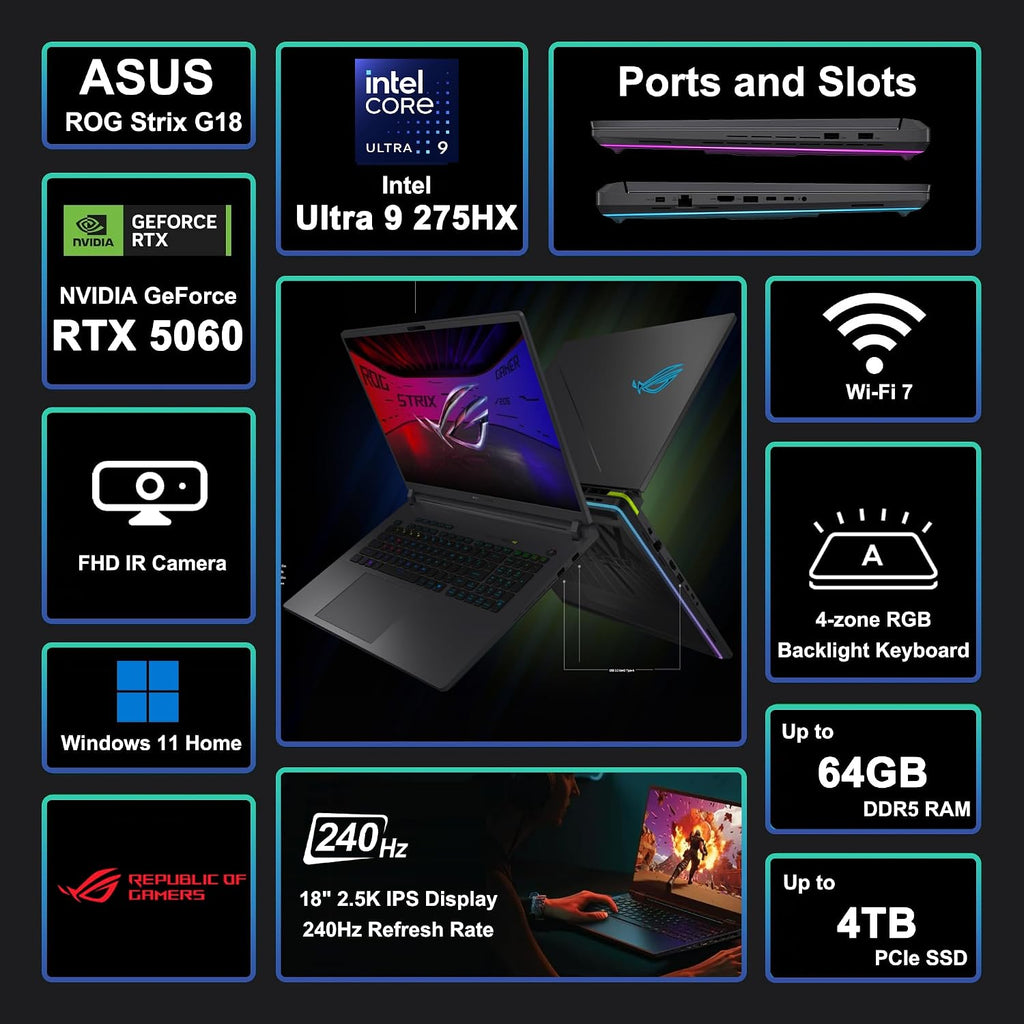 ASUS ROG Strix G18 G815 Gaming AI PC Laptop 18' 2.5k (2560x1600) 240Hz (100% DCI-P3, 3ms) Intel 24-core Ultra 9 275HX 32GB RAM 1TB SSD GeForce RTX 5060 RGB Backlit Wi-Fi7 Win11 ICP Hub
