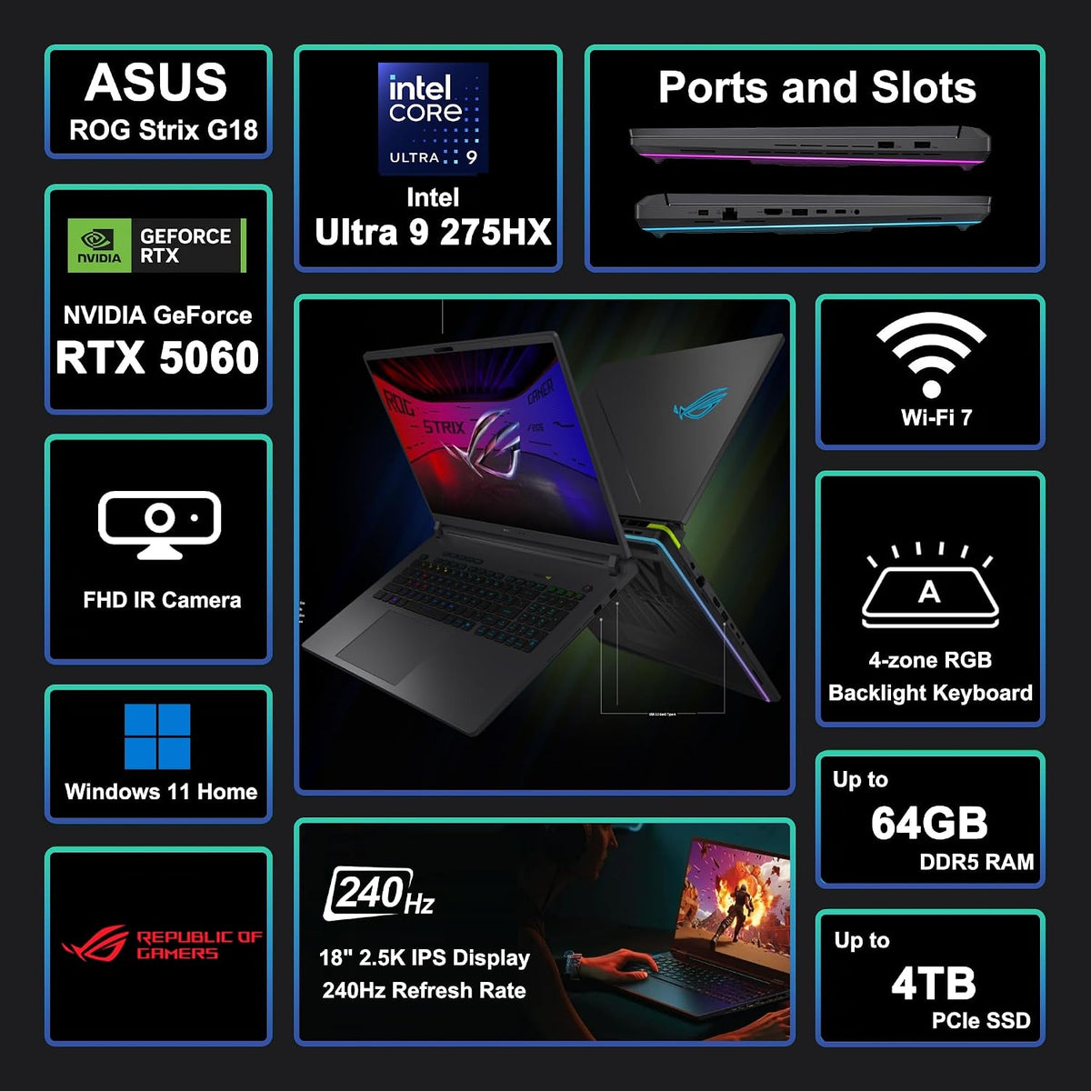 ASUS ROG Strix G18 G815 Gaming AI PC Laptop 18' 2.5k (2560x1600) 240Hz (100% DCI-P3, 3ms) Intel 24-core Ultra 9 275HX 32GB RAM 1TB SSD GeForce RTX 5060 RGB Backlit Wi-Fi7 Win11 ICP Hub