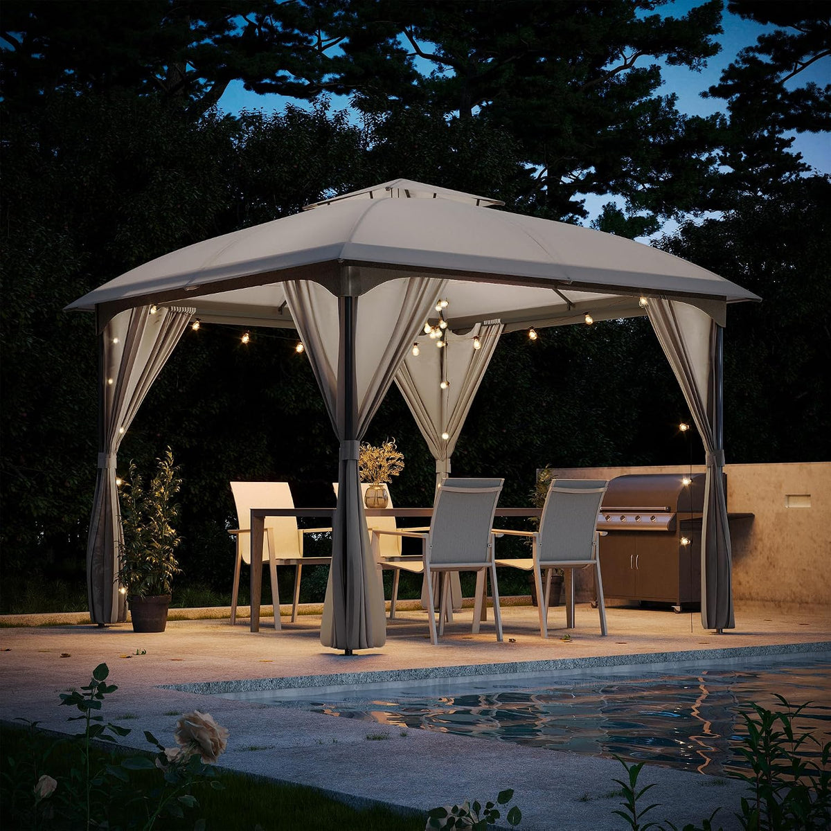LAUSAINT HOME 10'x10' Patio Arc Gazebo with 50FT String Lights, Outdoor Canopy Tent with Curved Roof Design, Double Tier Top,Gray