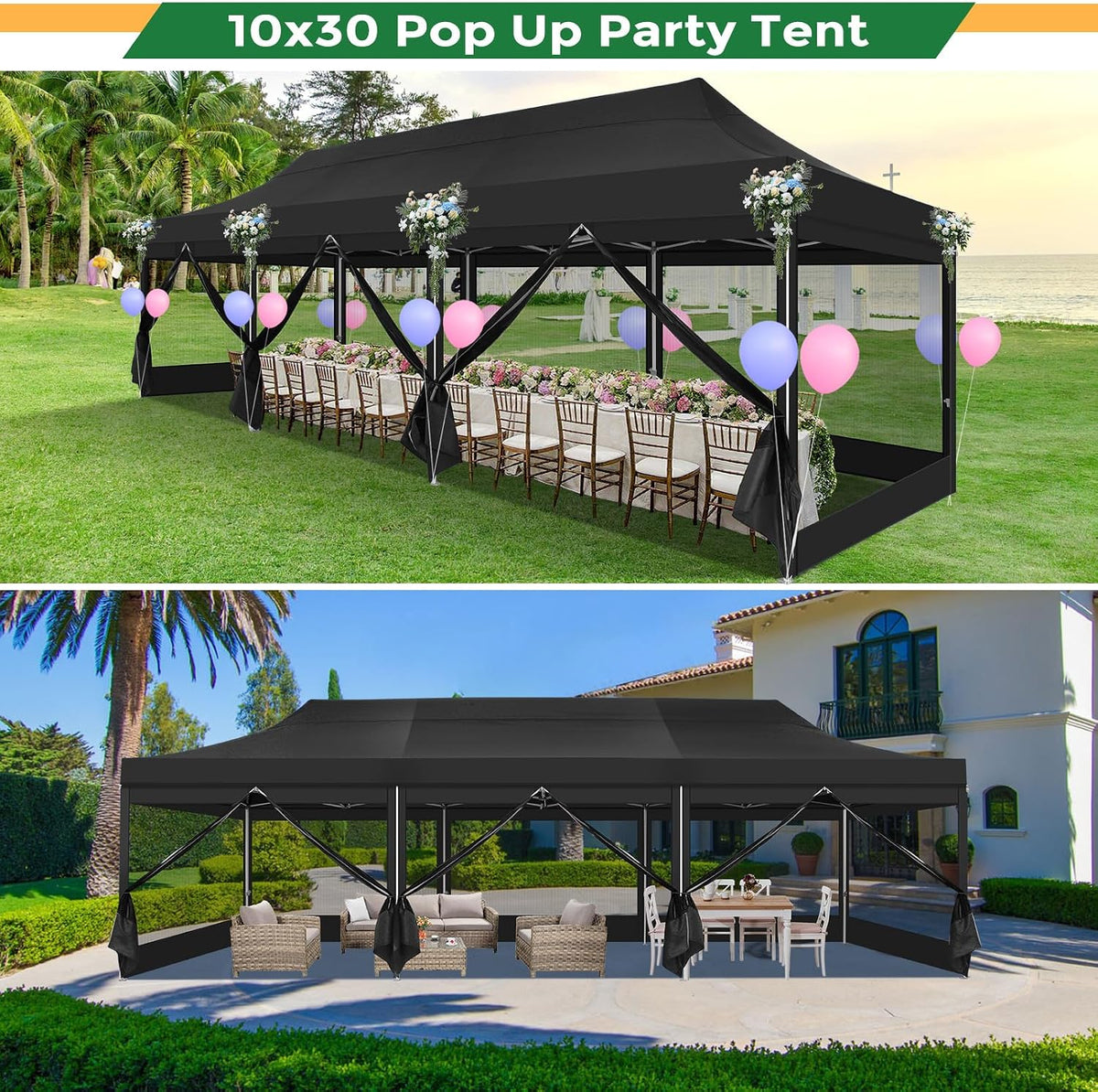 COBIZI 10x30 Heavy Duty Pop Up Canopy Tent with 8 Sidewalls, Easy Set Up Outdoor Waterproof Screen Commercial Party Tent with Mosquito Netting for Parties Backyard Patio, Roller Bag, Black