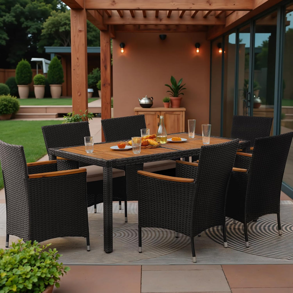 Greesum 7 Pieces Outdoor Patio Dining Set, Conversation Sets with 1 Table and 6 Rattan Chairs with Curved Acacia Wooden Armrests and Cushions, Black