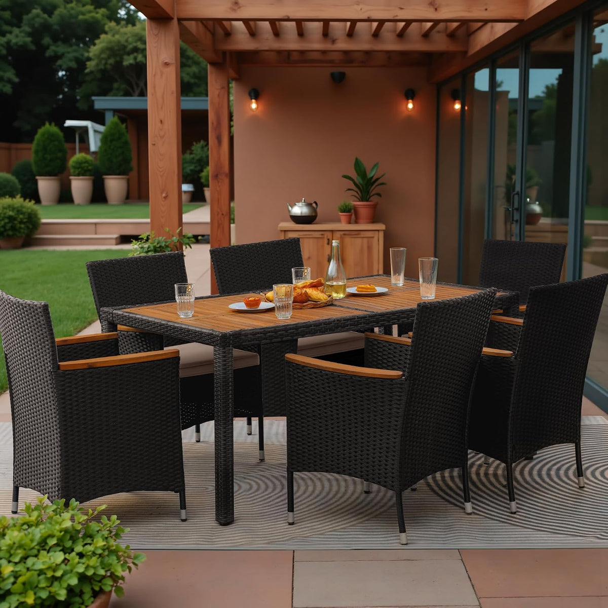 Greesum 7 Pieces Outdoor Patio Dining Set, Conversation Sets with 1 Table and 6 Rattan Chairs with Curved Acacia Wooden Armrests and Cushions, Black