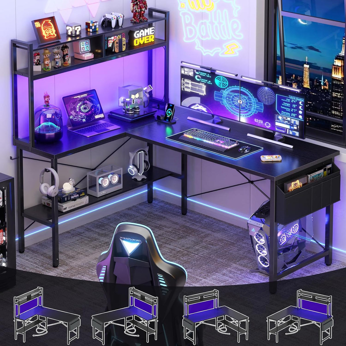 Aheaplus L Shaped Desk Gaming Desk, 59' L Shaped Computer Desk with LED Light & Power Outlet, Reversible Home Office Desk Gamer Desks with Shelves & Storage Bag & Hooks, Corner PC Desk, Black