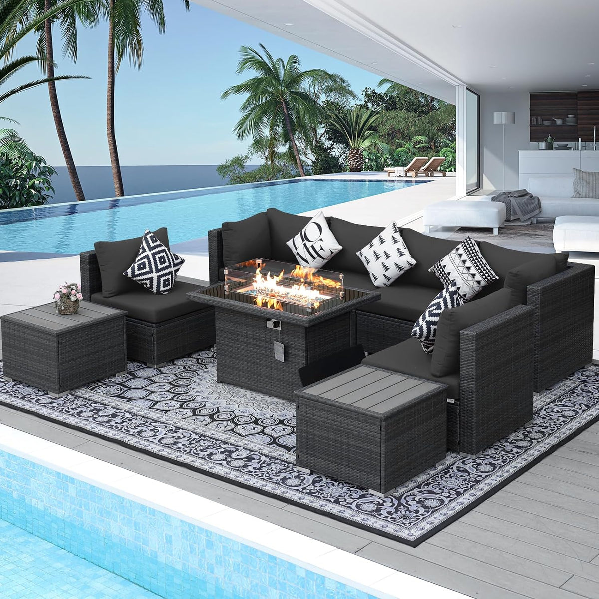 NICESOUL 9 Piece Outdoor Patio Sectional Furniture Sofa Set with Fire Pit Natural Gas Propane, 29.3'' High Back Modern Large Size Wicker Conversations with Fireplace for Backyard, Deep Seats Gray