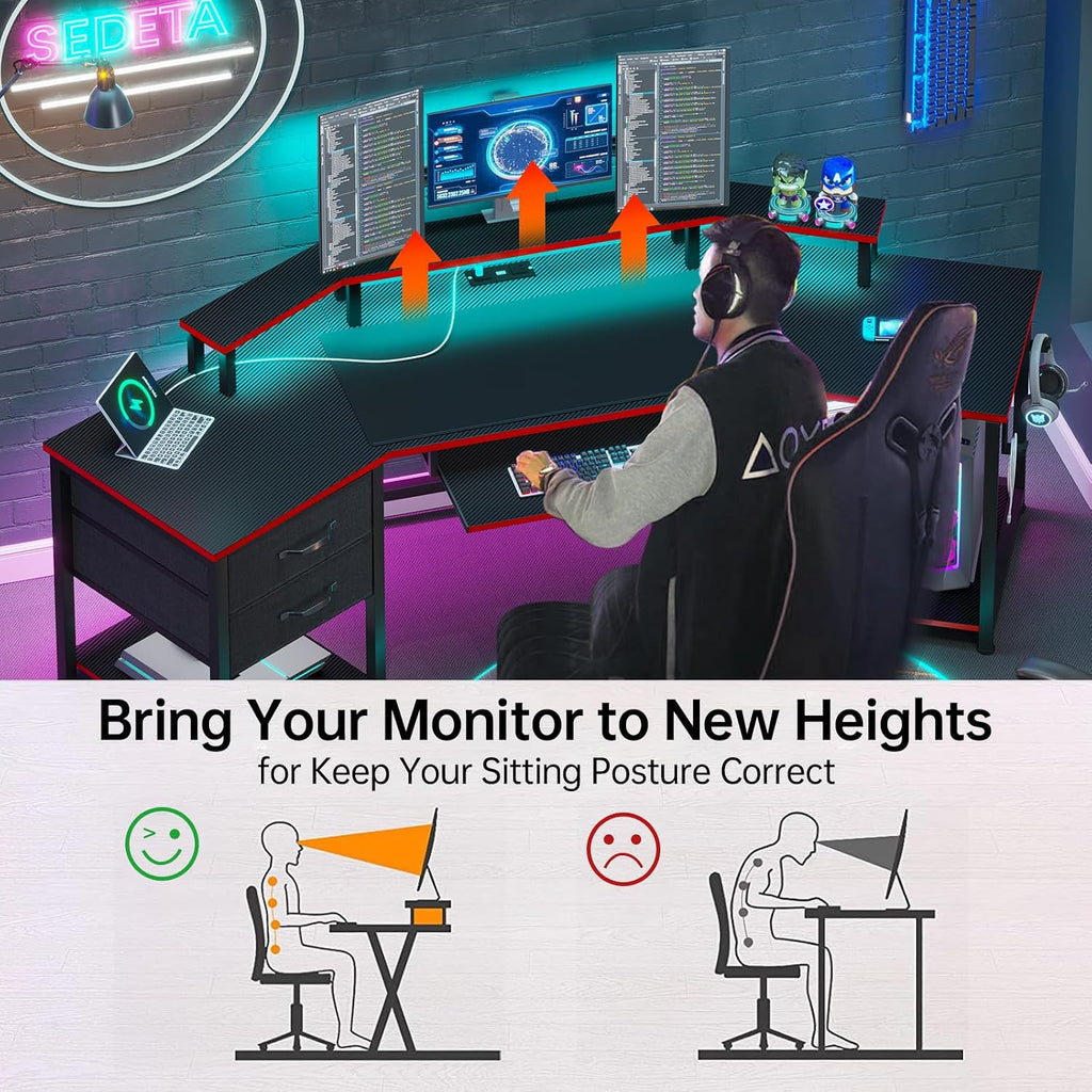 SEDETA 79' Gaming Desk, Computer Desk with 2 Fabric Drawers & LED Light, L Shaped Gaming Desk with Storage Shelf for Home Office, Carbon Fiber Black&Red