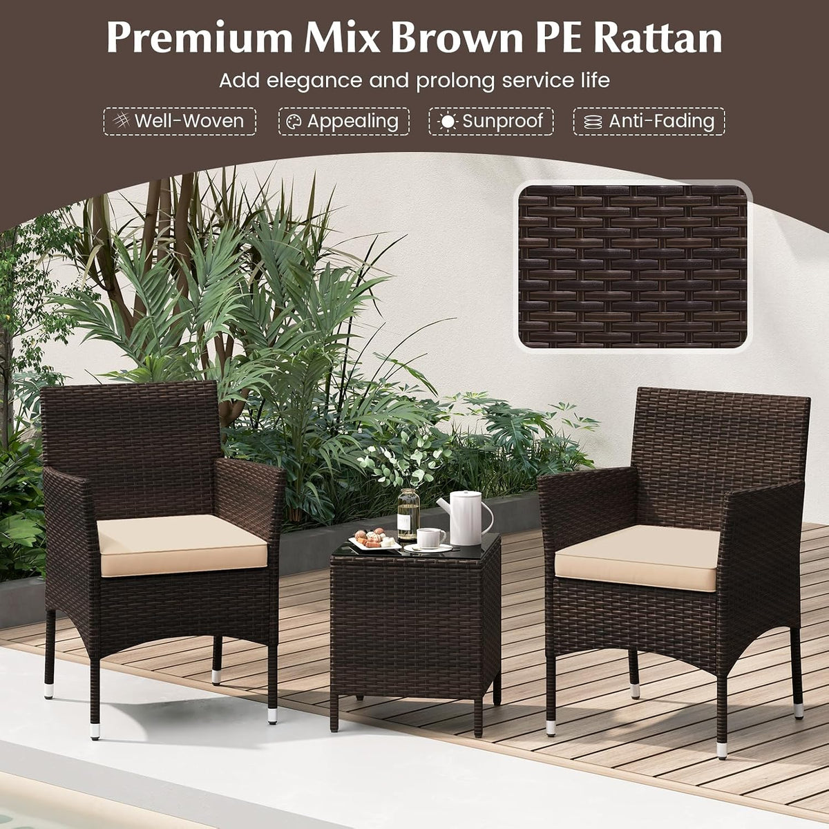 KOTEK 3 Piece Patio Furniture Set, Outdoor Wicker Patio Chairs with Soft Cushions & Tempered Glass Top Table, PE Rattan Bistro Set for Porch, Garden, Balcony (Beige)