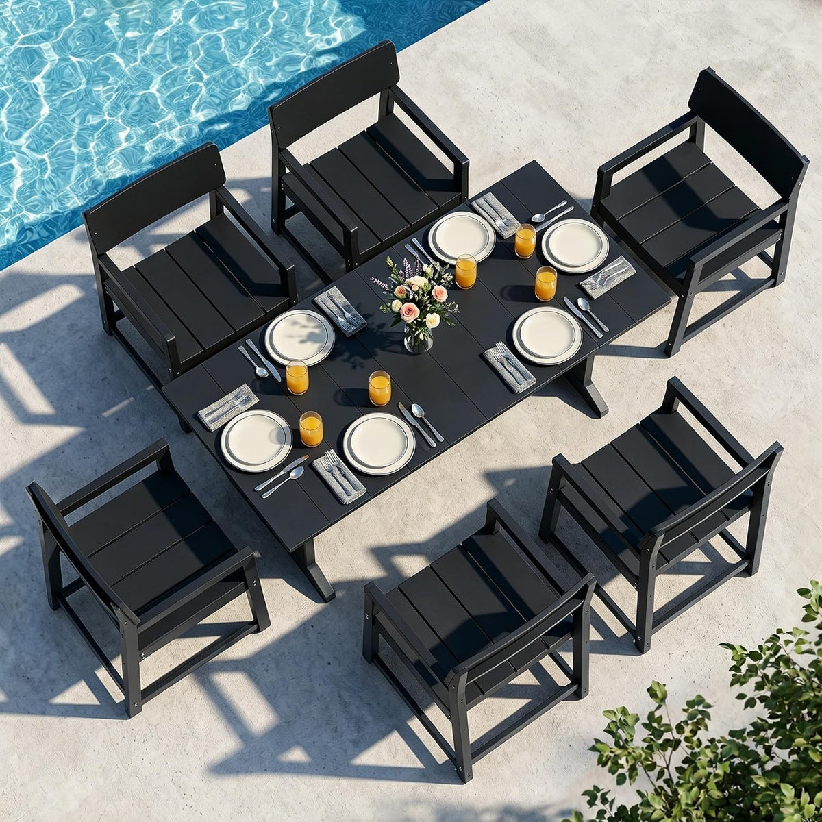 Vongrasig 7 Pieces Patio Dining Set, All Weather Outdoor HDPE Dining Furniture Set with Table and Chairs for 6, Patio Furniture Set with Umbrella Hole for Lawn, Backyard, Poolside, Black