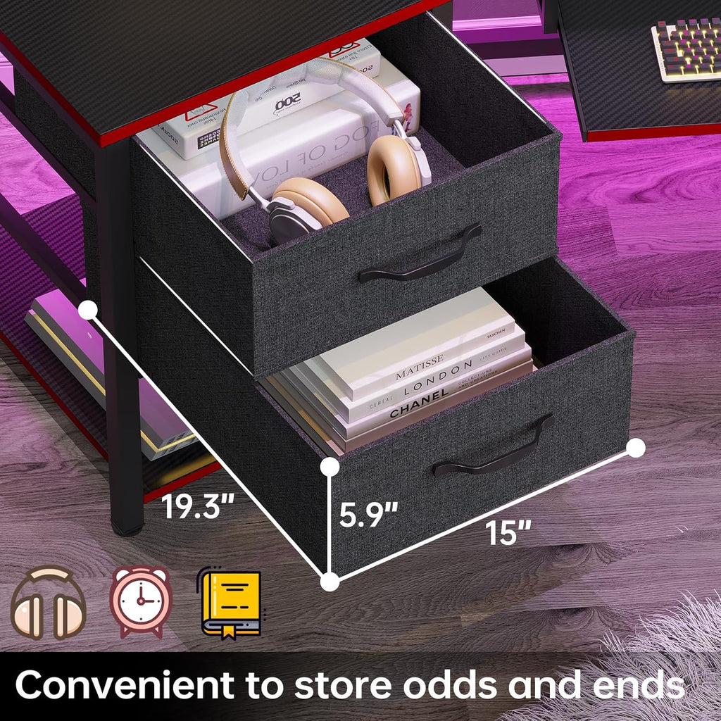 SEDETA 79' Gaming Desk, Computer Desk with 2 Fabric Drawers & LED Light, L Shaped Gaming Desk with Storage Shelf for Home Office, Carbon Fiber Black&Red
