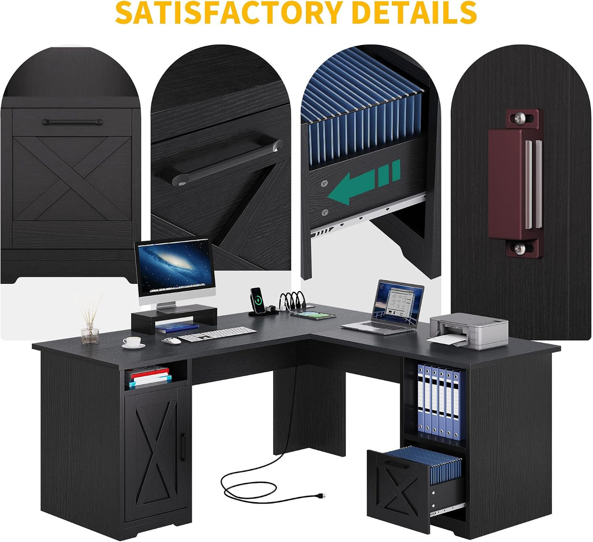 DWVO L Shaped Desk with File Drawer, 60' Corner Computer Desk with Power Outlets, Home Office Desk with Monitor Stand & Storage Shelves & File Cabinet, Black