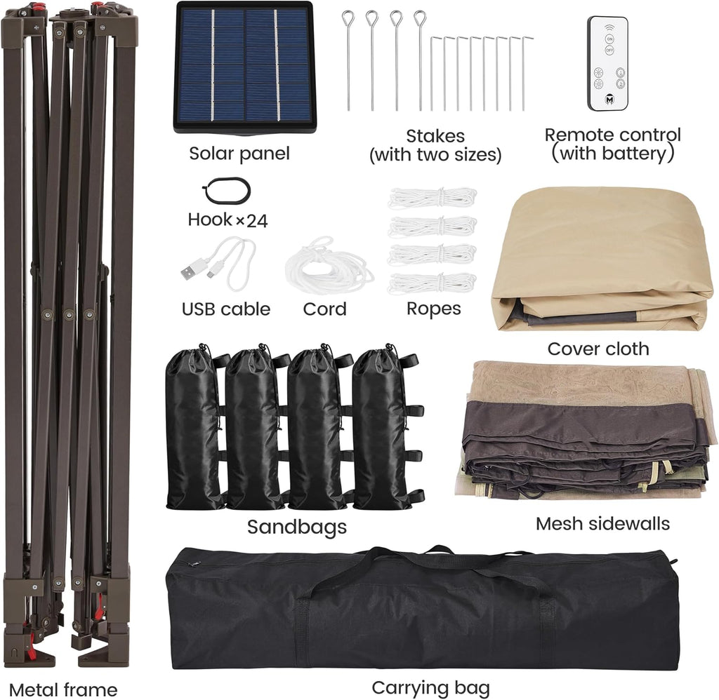 Yaheetech 11'x11' Pop Up Gazebo Instant Tent with 17 Solar LED Lights & Zippered Mesh Netting, Outdoor Shelter Sun Shade Gazebo with Sandbags for Backyard Garden Patio, Khaki & Brown
