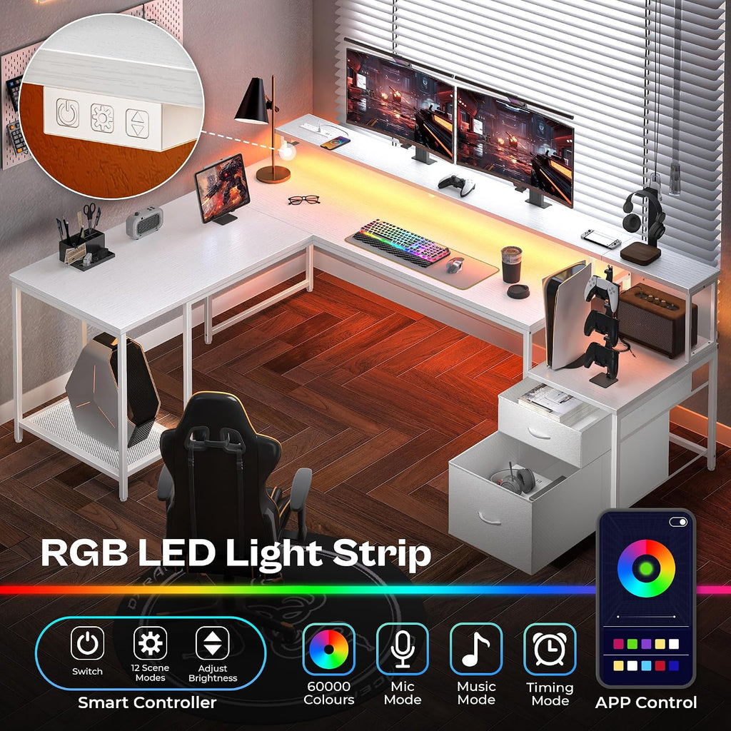 PRAISUN 66' L Shaped Gaming Desk with LED Lights & Power Outlets, Computer Desk with Fabric Drawers and Print Stand, Corner Office Desk, Monitor Stand, Mesh CPU Stand, White