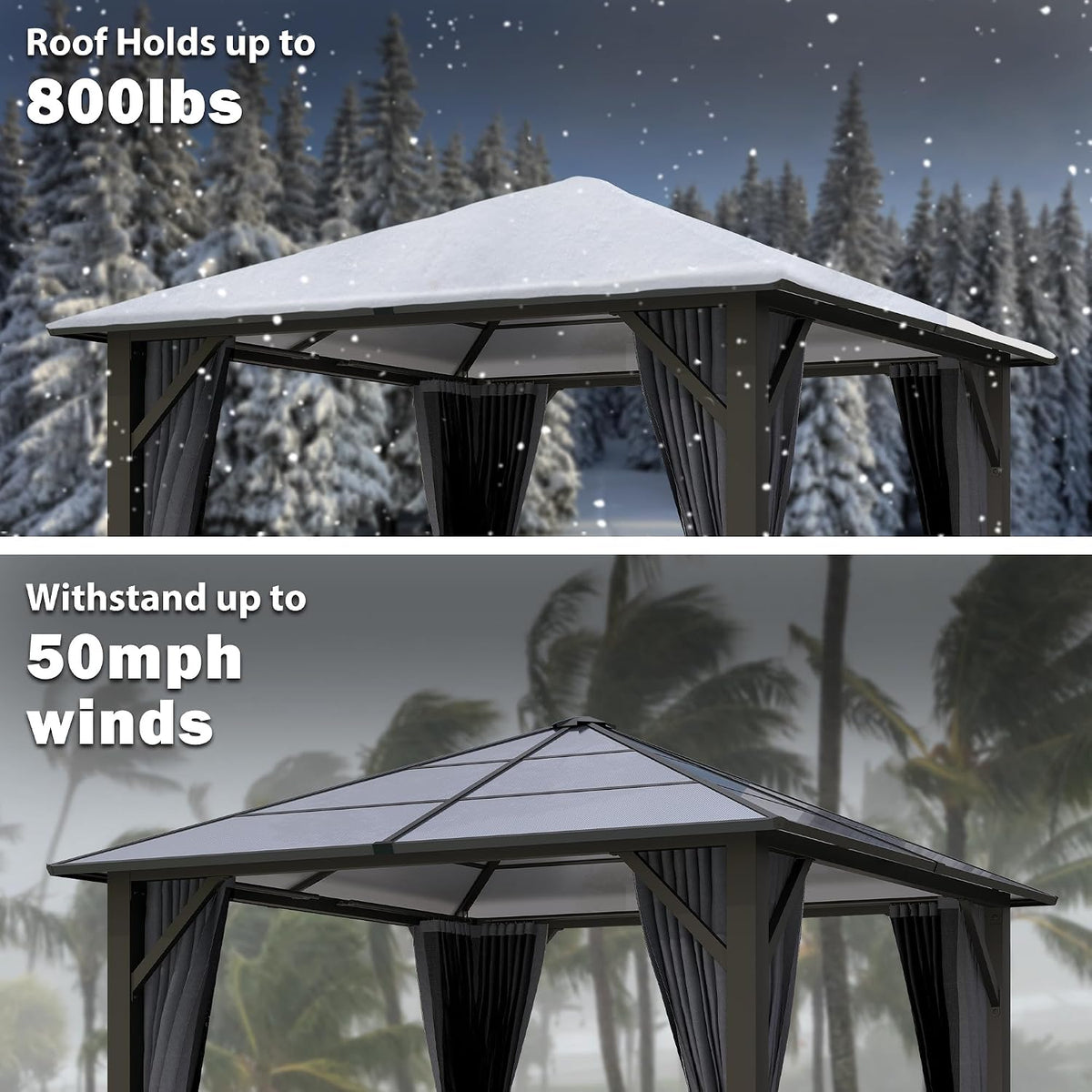 10x10FT Gazebo Hardtop, Outdoor Patio Gazebos with Polycarbonate Roof & Steel Frame, Outdoor Pavilion with Gray Curtain&Netting for Backyard/Lawn/Garden/Deck