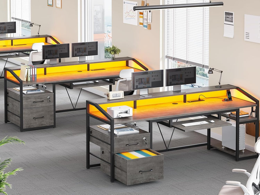 SEDETA 63' Computer Desk, Office Desk with Lockable Drawers for Legal/Letter File, Gaming Desk with LED Lights & Power Outlet, Home Office Desks with Storage, Grey
