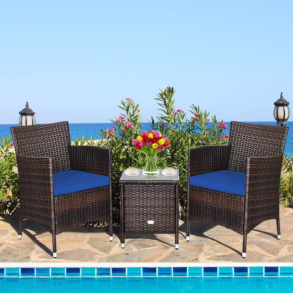 HAPPYGRILL 3 Piece Patio Furniture Set Outdoor Rattan Wicker Conversation Set with Coffee Table Chairs & Thick Cushions Bistro Sets for Patio Garden Lawn Backyard Pool