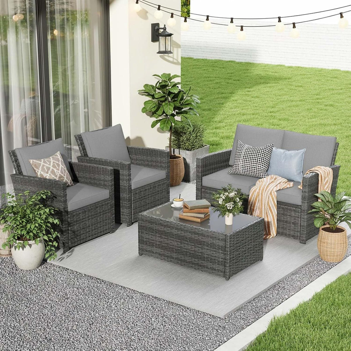 JOIVI Patio Furniture Set, 4 Piece Outdoor Patio Conversation Set, All-Weather PE Rattan Wicker Sectional Patio Sofa Set with Tempered Glass Coffee Table, Light Gray