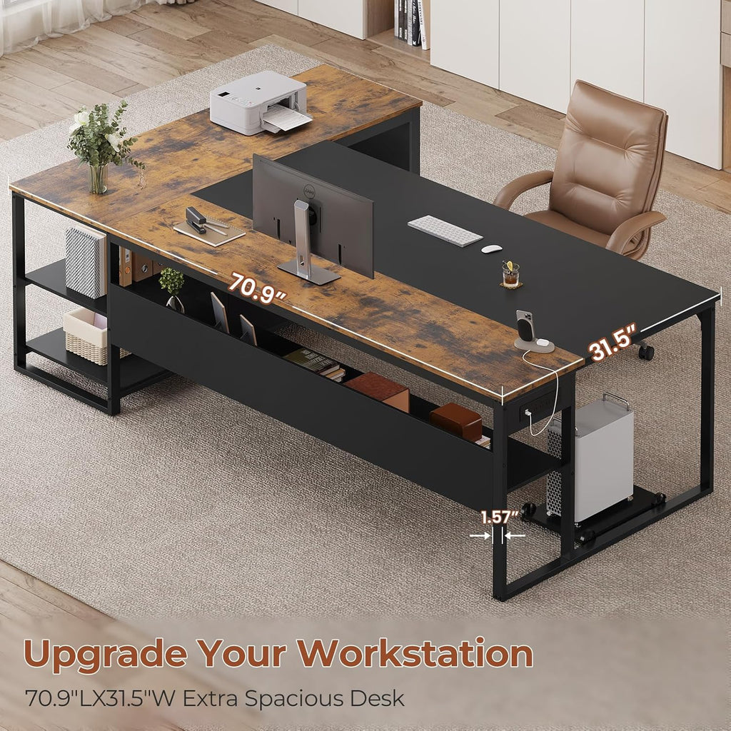 UPOSOJA 71' Executive Desk, Large Office Desk with Widen File Drawers & Power Outlets, Reversible L Shaped Computer Desk Corner Desk with Storage Shelves, CPU Stand, Hooks, Business Furniture