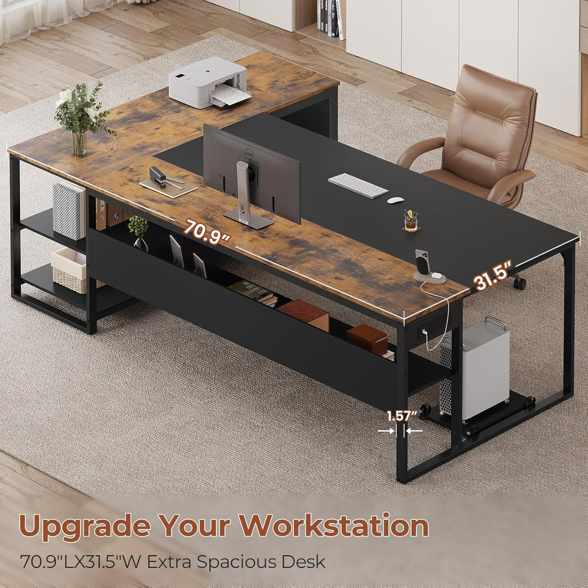 UPOSOJA 71' Executive Desk, Large Office Desk with Widen File Drawers & Power Outlets, Reversible L Shaped Computer Desk Corner Desk with Storage Shelves, CPU Stand, Hooks, Business Furniture