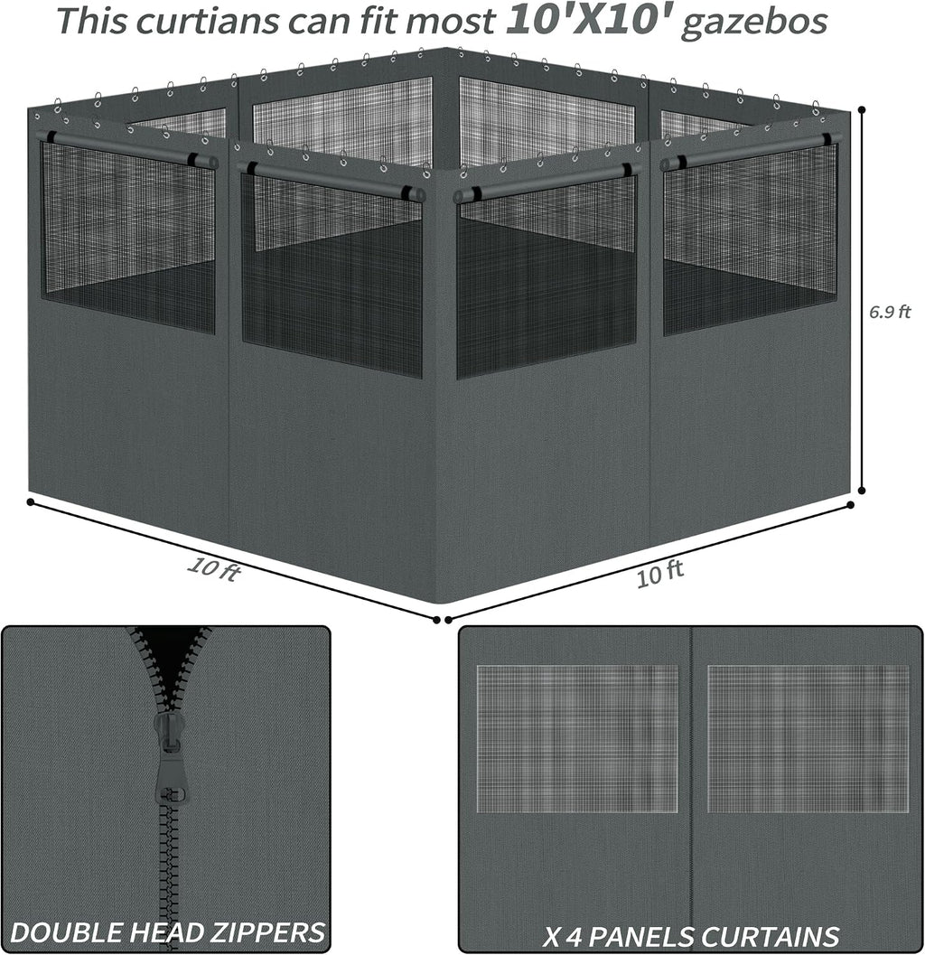 Gazebo Privacy Curtains 10' x 10' with Mosquito Windows, 4-Panels Side Wall with Zipper Universal Replacement for Patio, Outdoor Canopy, Garden and Backyard, Gray (Curtain Only)