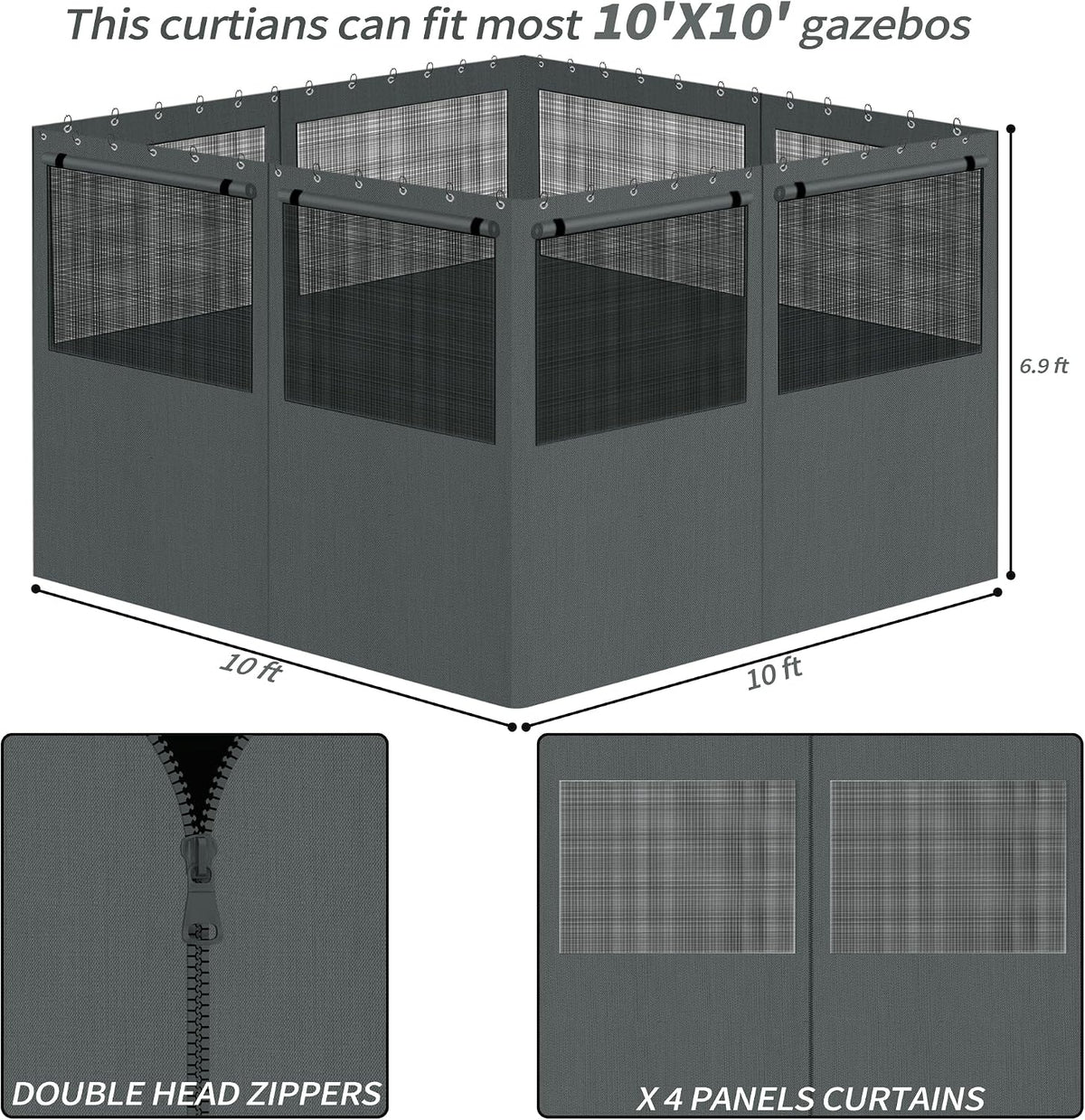 Gazebo Privacy Curtains 10' x 10' with Mosquito Windows, 4-Panels Side Wall with Zipper Universal Replacement for Patio, Outdoor Canopy, Garden and Backyard, Gray (Curtain Only)