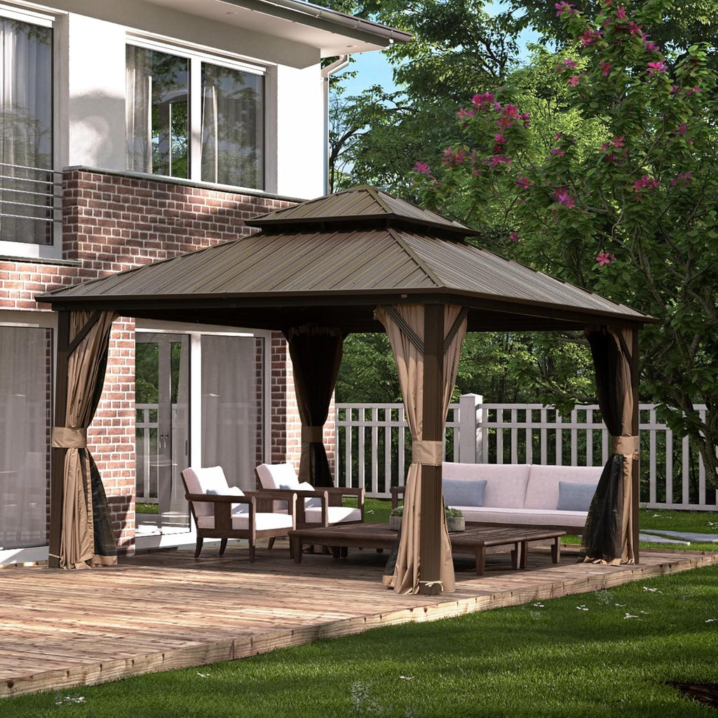 Domi 10' x 12' Hardtop Gazebo, Outdoor Metal Gazebo for Patios with Galvanized Steel Double Roof, Heavy Duty Curtains and Netting Included, Permanent Pergola for Backyard, Garden Lawn, Brown
