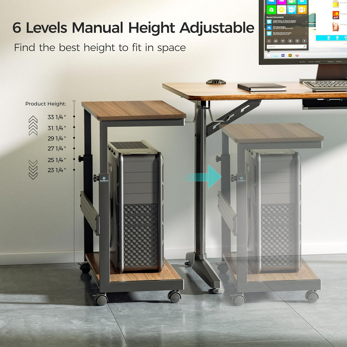 EUREKA ERGONOMIC PC Stand Computer Cart, Height Adjustable Tower Stand 2-Tier Suit for ATX Case Printer, Metal Rolling Cart on Wheels for Gaming Home Office, Walnut