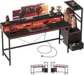 Mericonia Gaming Desk with Power Outlets & LED Lights, Reversible Computer Desk with PC Case Stand, Fabric Drawers, Modern Office Desk with Shelves, Monitor Stand
