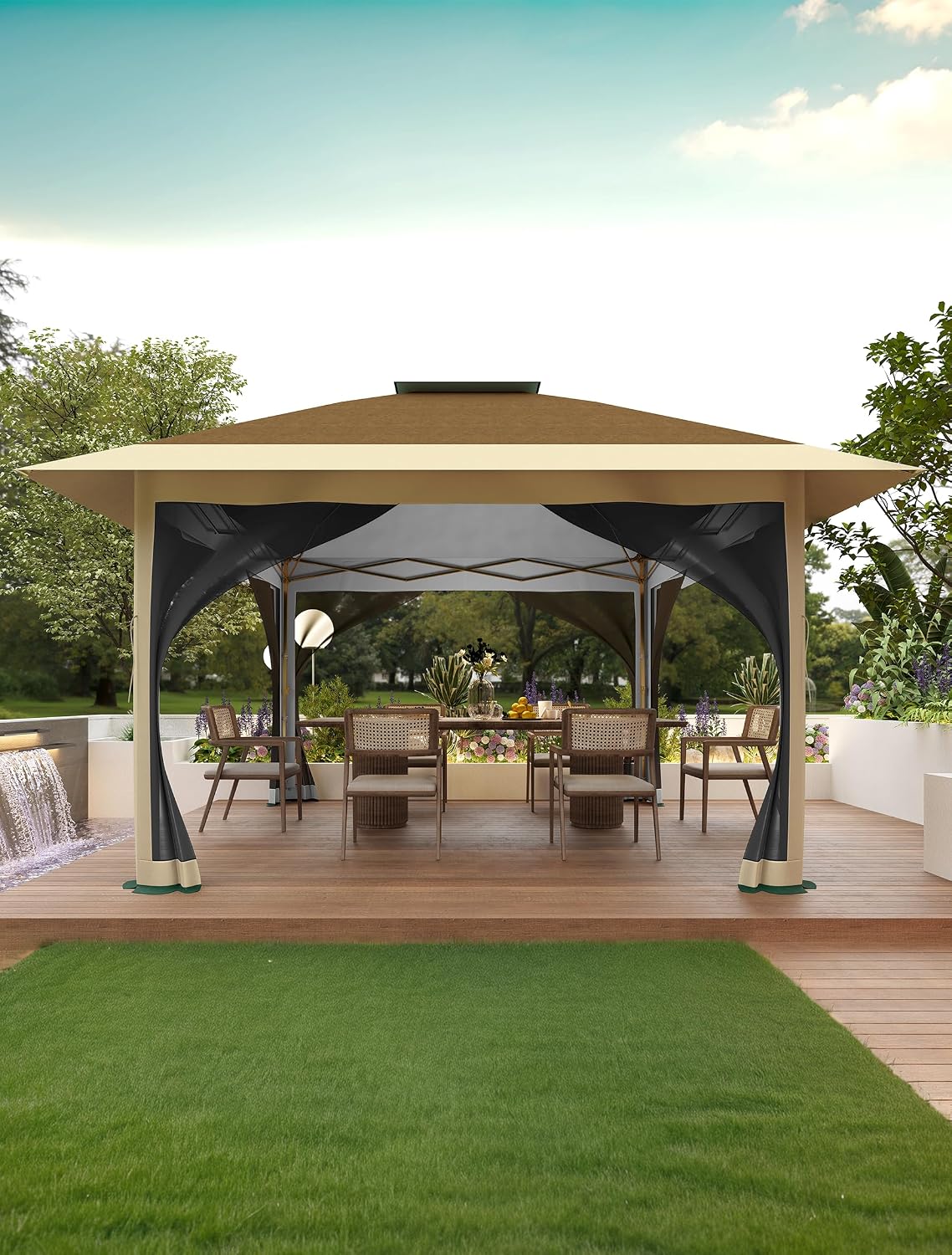 KYBOLT 12x12 Pop Up Gazebo Outdoor Canopy Shelter with Mosquito Netting 4 Stanbags Instant Gazebo Tent for Lawn, Garden, Backyard, Deck (Khaki + Dark Khaki)