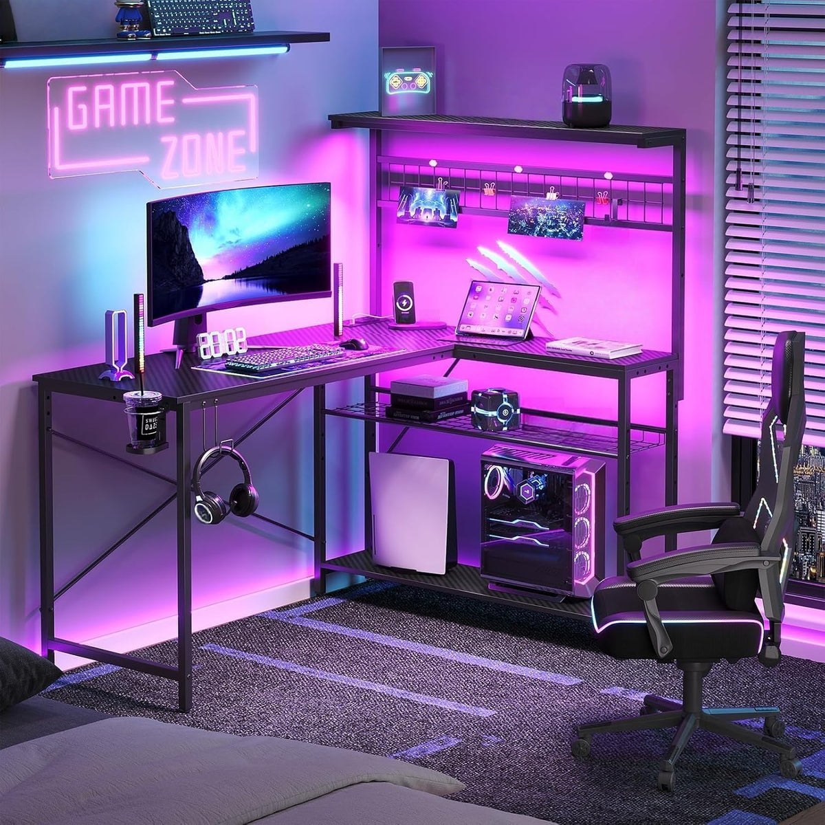 Bestier Gaming Desk 51' L-Shaped, with Power Outlets & LED Lights- 4 Tier Shelves, Reversible Gamer Table with Hooks & Cup Holder for Home Office Carbon Fiber Black