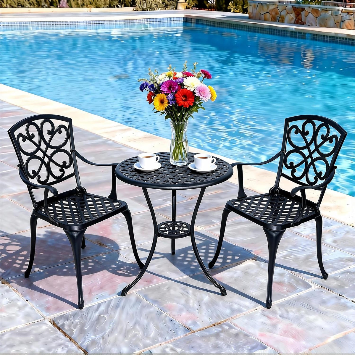 3 Piece Patio Bistro Set with Cushions, Outdoor Bistro Table and Chairs Set of 2 with Umbrella Holes, All Weather Bistro Table Set for Garden Porch Pools (Black 4)