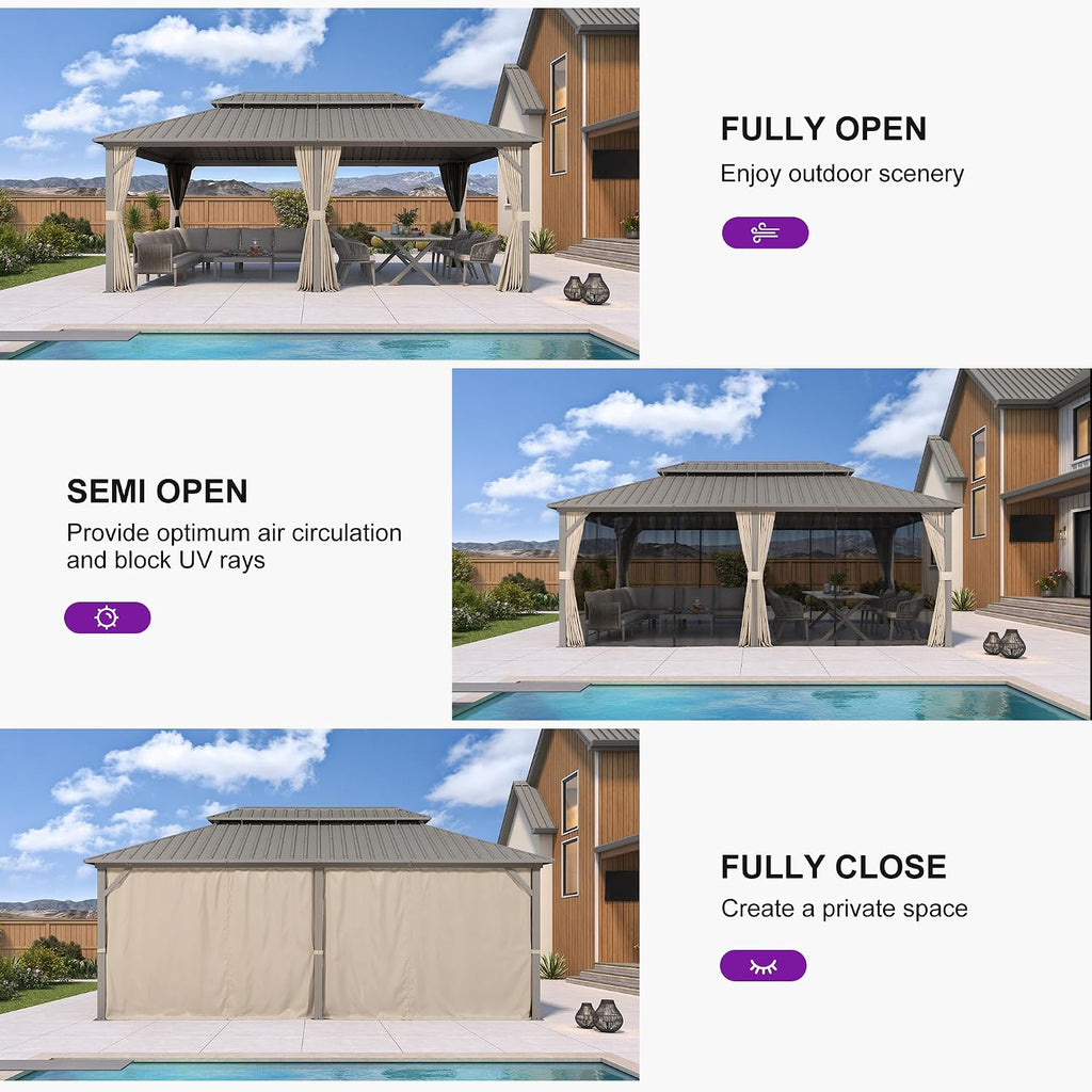 PURPLE LEAF 12' x 20' Outdoor Hardtop Gazebo, Champagne Aluminum Gazebo with Galvanized Steel Double Roof, Curtains and Netting for Patio Lawn and Garden
